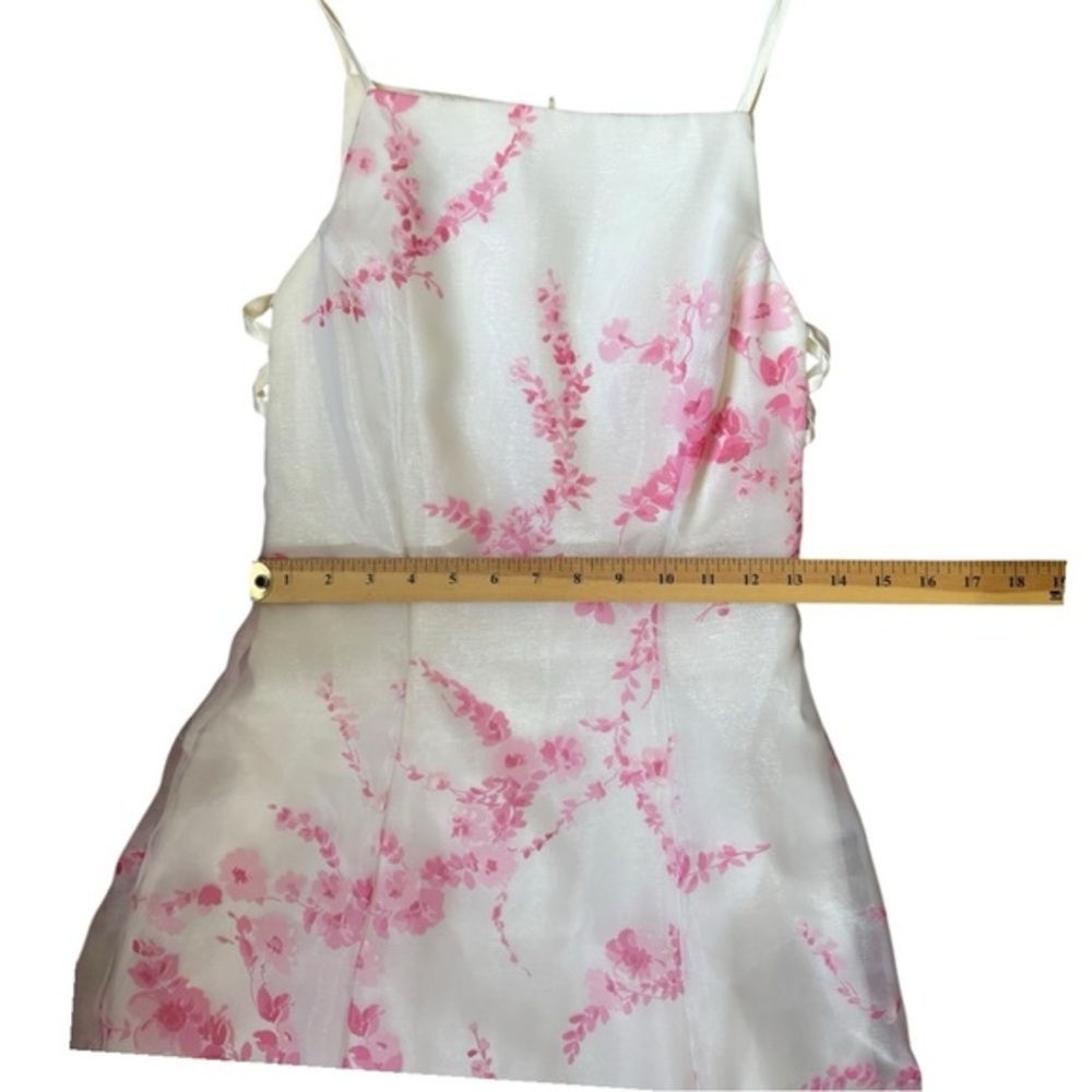 VTG 90s USA Organza Formal A line Dress in White with pink flower print SZ 3/4 - Picture 9 of 9